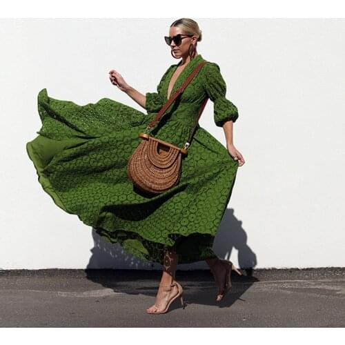 Mexican dress 2019 boho hippie chic lace patchwork hollow circular pattern green dress Women sexy v neck 1/2 sleeve maxi dress