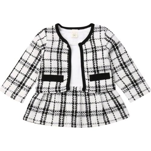 1-6Y Fashion Kids Baby Girl Long Sleeve Patchwork Mini Dress Coat Jacket 2PCS Outwear Princess Girls Clothing Set
