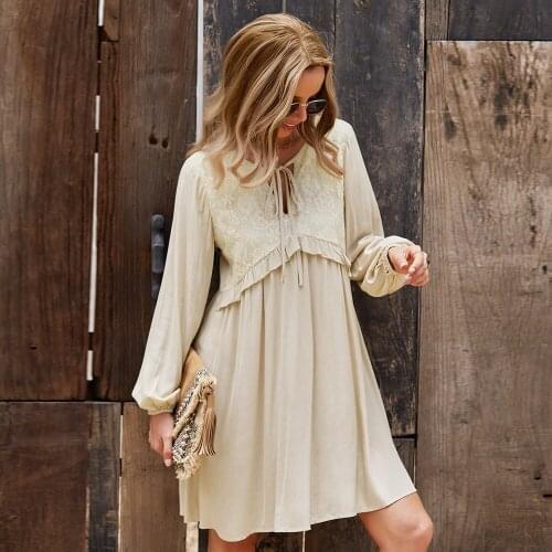 Long Sleeve V-neck Sexy A-line Dress Elegant Lace Ruffled Loose Mini Dress Autumn Fashion Casual Vacation Women Outfits 3 Colors