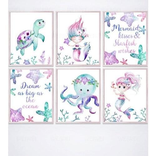 Mermaid Canvas Posters Nursery Wall Art Print Watercolor Sea Animals Starfish Turtle Octopus Painting Girls Room Wall Art Decor