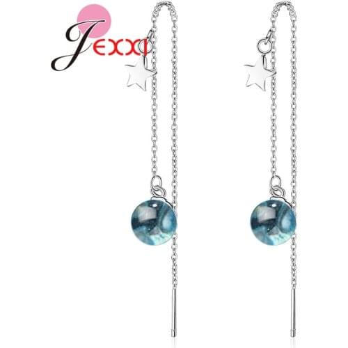 Real Pure Box Chian Long Thread 925 Sterling Silver Dangle Earrings with Blue Stones Stars Women Party Wedding Brincos