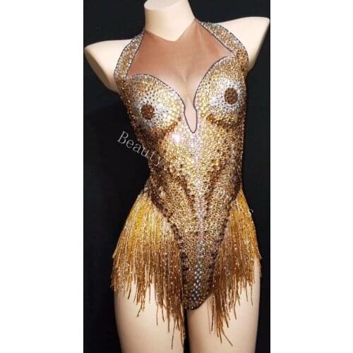 Sexy Leotard Sparkly Gold Rhinestones Tassel Bodysuit Stage Wear Womens Celebrate Female Singer Crystals One Piece Costume