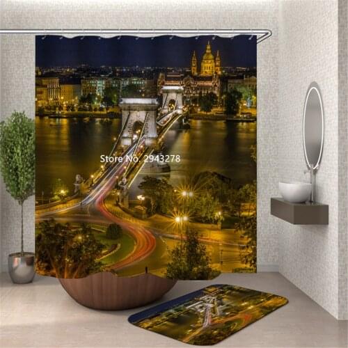 Beautiful City Scenery Pattern Shower Curtain Waterproof and Mildewproof Washable Bathroom Decoration with Hook Color Printing