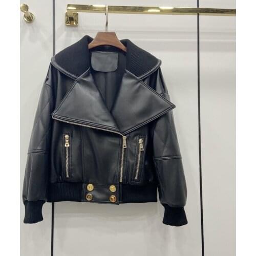 Natural Leather Women Lambskin Leather Bomber Biker Jacket Long Sleeves 100% Sheepskin Leather Coat H803