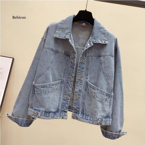 Women Lapel collar Jeans Jacket Female Outerwear Casual Short Denim Coat Ladies BF Style Oversize Tops Spring and Autumn