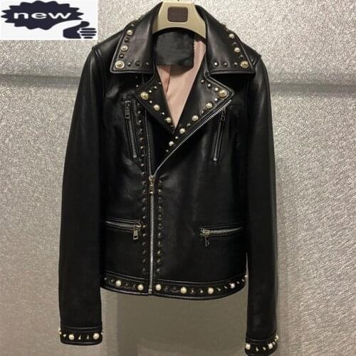 High Quality Punk Style Women Sheepskin Real Jacket Rivets Genuine Leather Coat Ladies Slim Fit Short Moto Biker Outwear