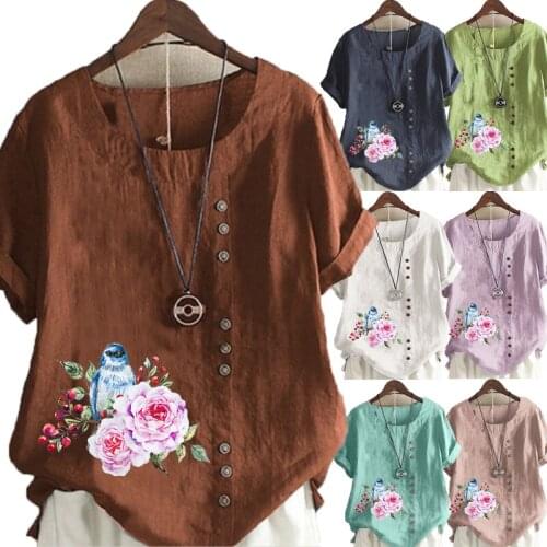 New Arrival Summer Fashion Womens Flower Printed Linen T-shirt Casual Loose Round Neck Short Sleeve Shirt Blouse Tops Plus Size