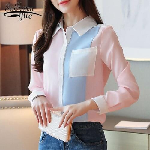 Casual Spliced Women Clothing Office Lady Shirts 2019 Autumn Fashion Women Chiffon Blouses Long Sleeve Pocket Women Tops 6196 50