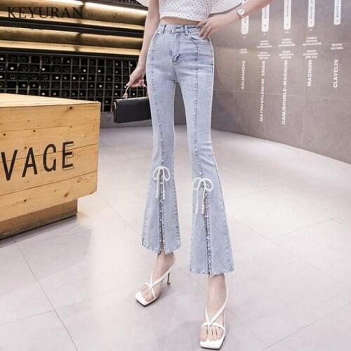 High Waist Womens Jeans Woman 2021 Spring Summer Pearl Beaded Diamond Split Jeans Girls Flare Denim Pants Slim Female Trousers