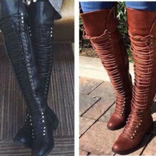 Womens Vintage Military Riding Boots Over Knee Thigh High Flats Lace Up Shoes Solid Color Autumn Winter Fashion Casual Shoes