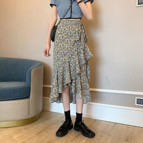 Woman skirts 2021 spring and autumn new Korean style lace-up high-waist floral midi skirt is thin fishtail skirt