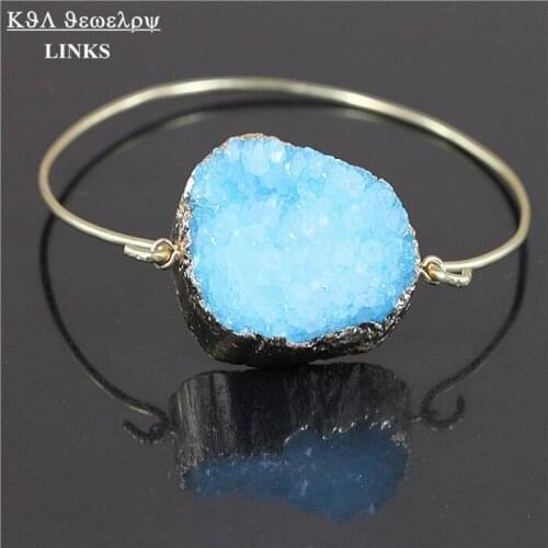 Natural Blue Crystal Druzy Gem Stone Bangle Semi-precious Druzy Stone Charm Cuff Bracelets for Women Statement Jewelry