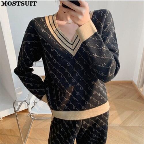 Letters Jacquard Knitted Pants Set Women V-neck Sweater & Wide Leg Pants Set Vintage Elegant Chic Female Women 2 Piece Set