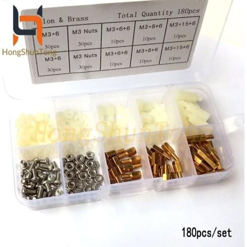180pcs/set M3 Nylon and Brass White Male-Female M-F Stainless Steel Screws Nut Assortment Box kit set with Plastic Box Hollow