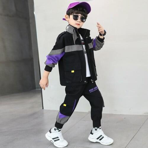2021 Autumn Kids Boys Clothing Tracksuit Patchwork Stripes Jackets Coats +Pants Sets 3-13 Years Multi-pocket Childrens Outfits