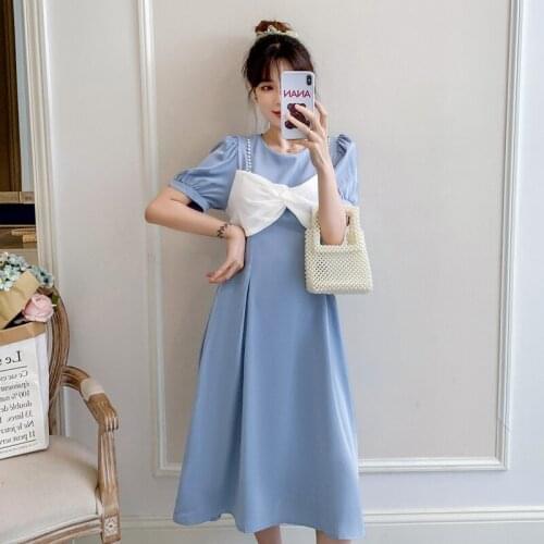 59995# Maternity Clothes Summer Cotton Short Sleeves Loose Bow Knot Decoration Dress Pregnant Women Mom Dress