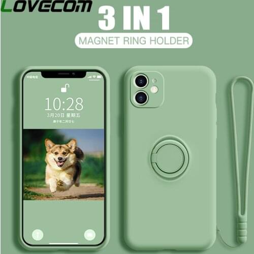 Luxury Soft Liquid Silicone Case For iPhone 13 Pro 11 12 Pro Max XR X XS Max 7 8 Plus Stand Ring Holder Thin Hands Strap Cover
