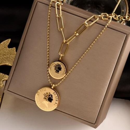 Stainless steel double-layer necklace, Elizabeth beauty head exquisite pendant, light luxury fashion womens gift jewelry