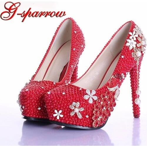 Elegant Red Pearl Rhinestone Wedding Shoes Handmade Gorgeous Bridal Shoes 5 Inches High Heel Diamond Woman Pumps Prom Shoes