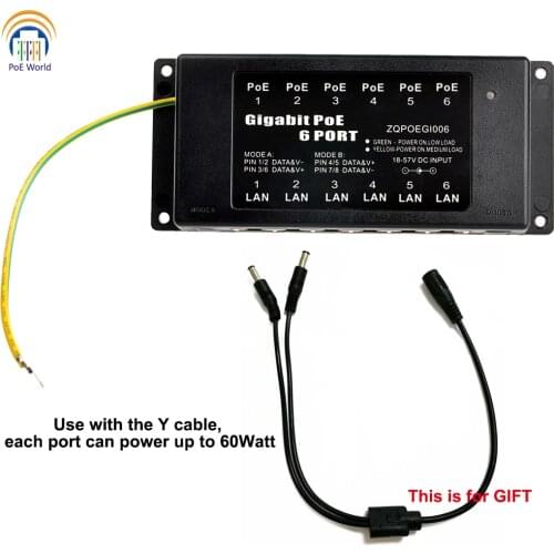 6 Port Gigabit POE injector 1000mbps data speed For Hikvision IP camera 12V-56V input up to 60Watt output