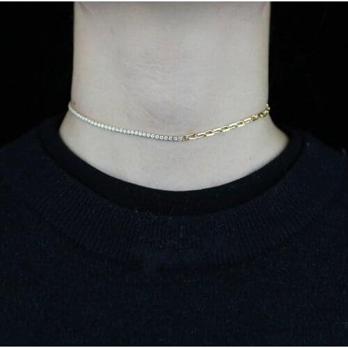Gothic Fashion Half Paper Clip Asymmetry Cz Chain Chocker Jewelry For Women Men Simple Punk Cz Tennis Chian Collar Necklace Gift