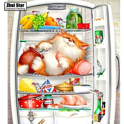 Full Drill Square Diamond 5D DIY Diamond Painting"Cat in the fridge"Diamond Embroidery Cross Stitch Rhinestone Mosaic Painting