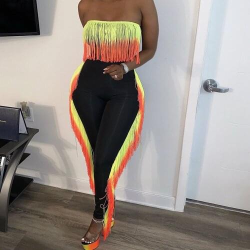 Sexy Colorful Tassel Two Piece Set Women Clothing Sets Off Shoulder Strapless Crop Top and Pants Leggings Birthday Club Outfits
