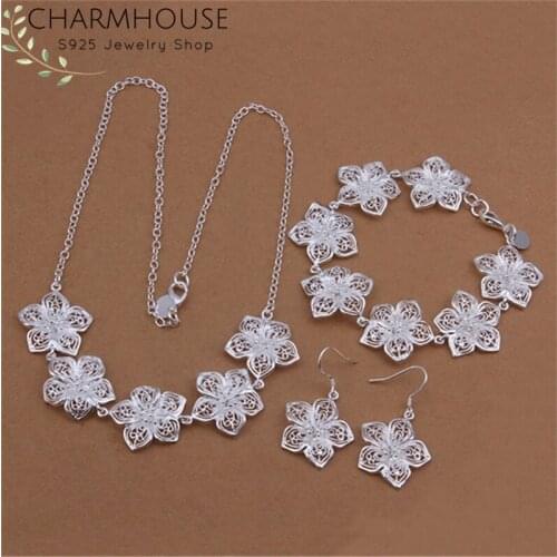Charmhouse Silver 925 Jewelry Sets For Women Flower Pendant Necklace Bracelet Earring 3 PCS Set Wedding Bridal Jewelry Accessory