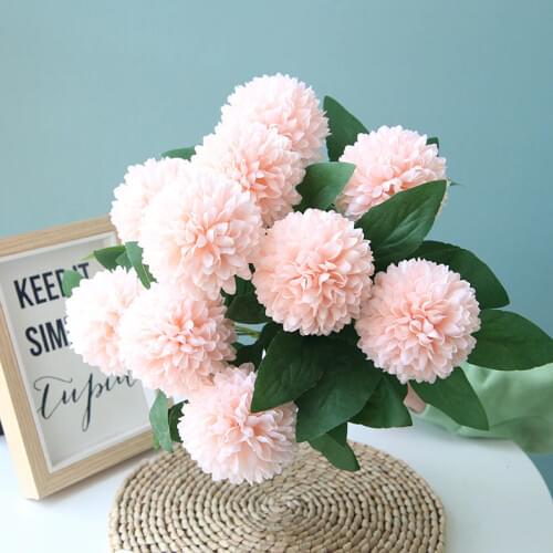 Beautiful Chrysanthemum Flower Ball Bouquet Silk Artificial Flowers with Leaves for Autumn Wedding Decoration Fake Flower Flores