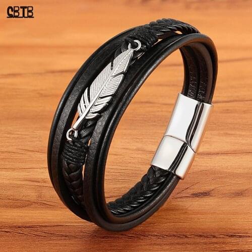 Stainless Steel Feather Bracelet Multilayer Leather Buddha Bracelet Gothic Charm Bracelet for Men Accessories Rock Prom Jewelry