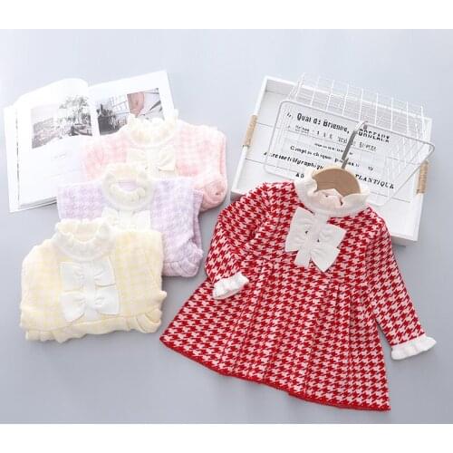 2021 New Baby Girl Dress Knitting Dress For Girls Half High Neck Striped Contrast Pleated Sweater Dress Child Clothing For 2-6Y
