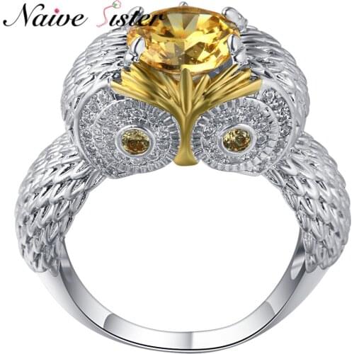 New Fashion Lifelike Owl Ring Silver Color Rings For Women Vintage Punk Jewelry Charm Yellow Cubic Zirconia Crystal Cute Gift