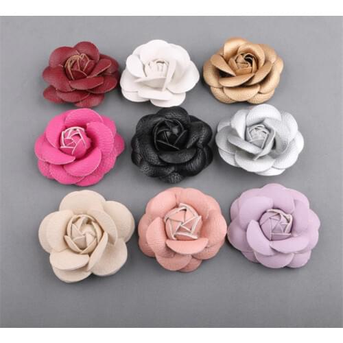 New Arrival 20PCS 6.5CM PU Leather handmade 3D Camellia Flower Patch Craft for Girl lady Hair Jewelry Headband Clip Decoration