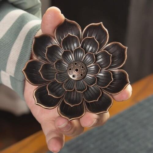 Bronze lotus incense holder, porous sandalwood incense holder, indoor and household Buddha incense burner tea ceremony ornaments