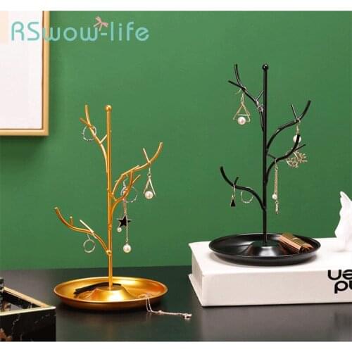 Nordic Tree-shaped Wrought Iron Tray Jewelry Rack Creative Earrings Necklace Storage Display Rack Hanging Rack Shelf Organizer