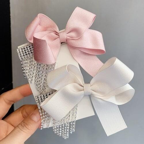 Fabric Bow Hair Clip Rhinestone Tassel Hair Bows Clips Barrettes for Women Luxury Jewelry Hairgrip Hair Accessories Headpiece