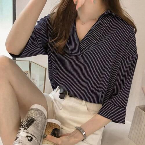 DAXIN Summer Sexy V-Neck Striped Three Quarter T-Shirts Women Cotton&Chiffon Casual Top