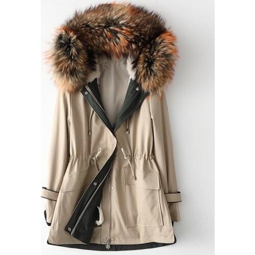 Autumn and Winter New Rabbit Hair Inner Bladder Hooded Parka Womens Middle Long Raccoon Dog Zipper Fur Collar Thick Warm Coat