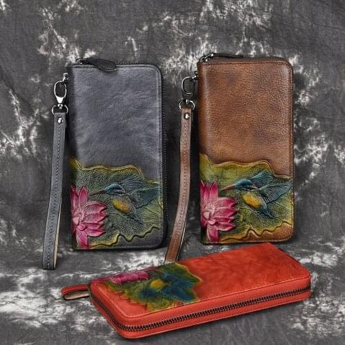 Genuine Leather Woman Wallet Handmade Long Purse Vintage Solid Cowhide multiple Card Holder Retro Clutch Fashion Standard Wallet