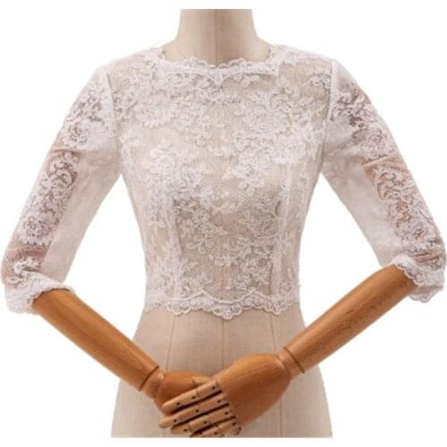 2018 new style 100% real photo lace Ivory White Bolero Women 3/4 sleeves Feminino Wedding Accessories Wedding Jacket A007