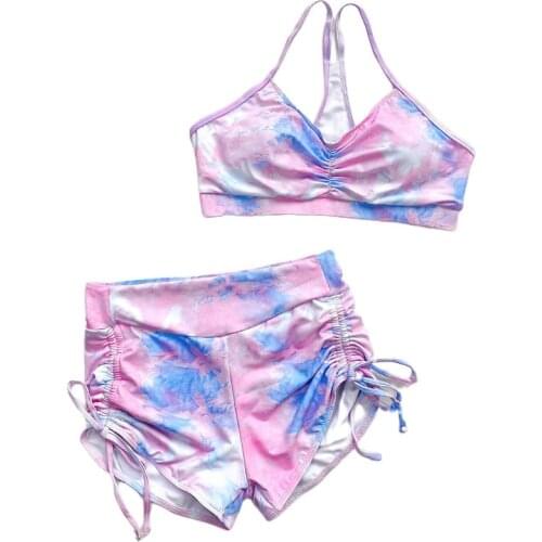 Women Sexy 2 Piece Bikini Set Push Up Padded Bra Tie-Dye Swimsuit Ruched Drawstring Shorts Beachwear Yoga Tracksuit