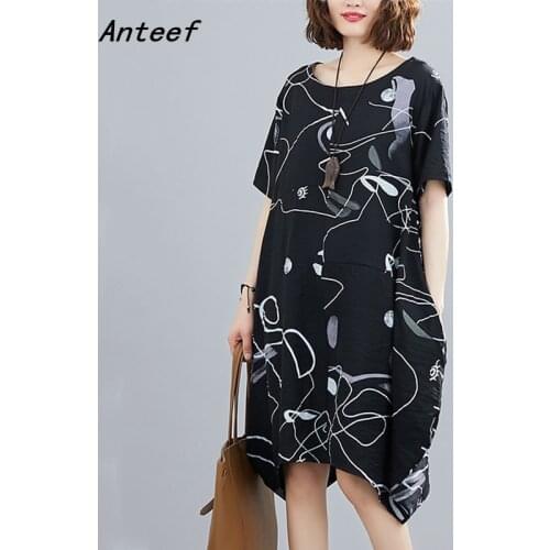 Short sleeve plus size cotton vintage floral dresses for women casual loose midi woman summer dress elegant clothes 2021
