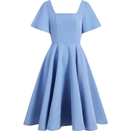 Elegant Blue Tunic Midi Summer Women Dress Office A Line Sundress Casual Elegant Retro Vintage 50s 60s Rockabilly Party Dresses