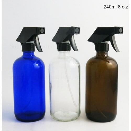 240ML 8 OZ Big Blue Dark Amber Clear Borosilicate Glass Standard Boston Round Bottle with Black Trigger Sprayer