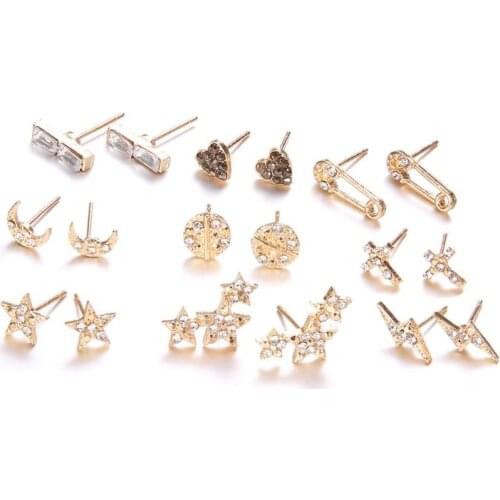 9Pcs Bohemian Cross Heart Stars Moon Gold Square Earring Honeymoon Crystal Stud Earrings Kit for Women Fashion Jewelry