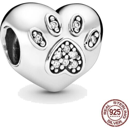 Authentic S925 Bead Heart Shape Paw Prints Charm DIY Bead Fit Original Pandora Charm Bracelet Jewelry