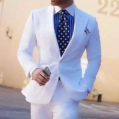 White Men Suits Slim Fit with Wide Peaked Lapel for Wedding Dinner Party Groom Tuxedos 2 Pieces Male Fashion Jacket Pants