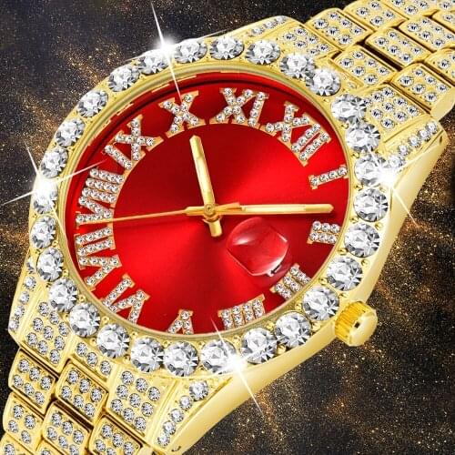 MISSFOX Mens Watches Modern Diamond Waterproof Red Watch Men Top Brand Luxury 18k Gold Man Watch Analog Quartz Watch Men Gift