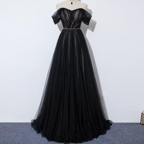 Black Simple Evening Dress Boat Neck Empire Short Sleeves Fashion A-Line Lace Up Floor-Length New Party Formal Gown Woman B553