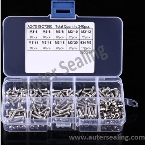 ISO7380 M3 Screws Nuts 340pcs/set Button Head Hex Socket Screw Bolt Nut Stainless Steel S304 Assortment Kit Hardware DIN7991